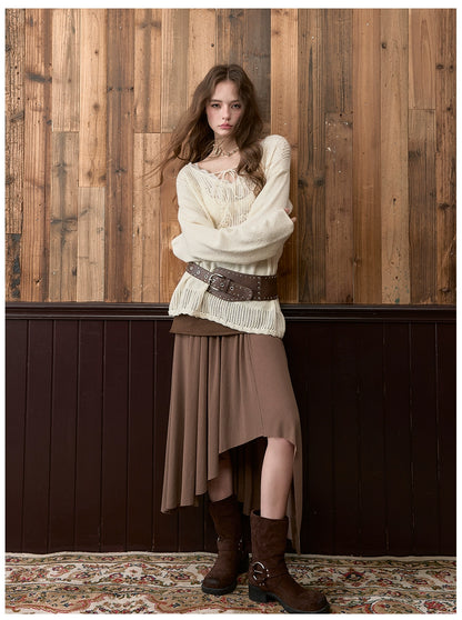 Irregular Spliced Vintage Pleated Skirt