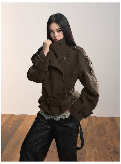 Contrast Double-Breasted Wool-Blend Belted Jacket