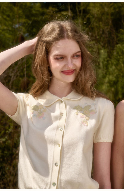 White Strawberry Embroidered Soft Knit Three-Piece Set