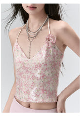 Pink Sparkling Sequined Stylish Spaghetti Strap Tank Top - CHINASQUAD