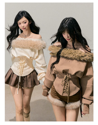 French Off-Shoulder Fuzzy Knit T-Shirt