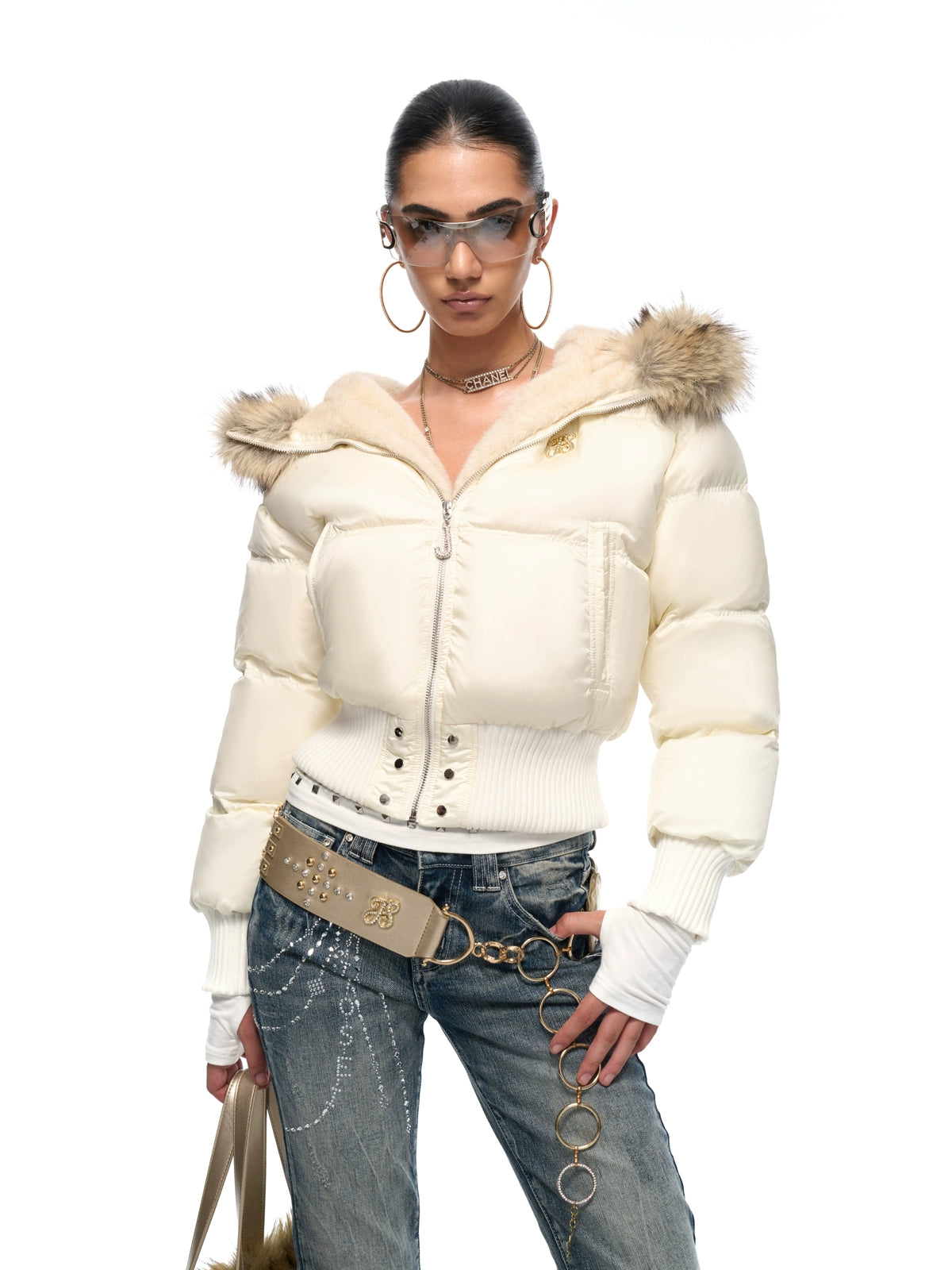 Vintage Waist-Cinched Cropped Down Jacket