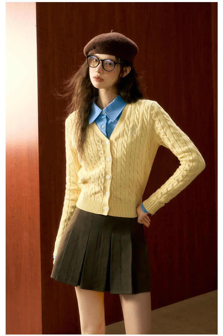 Yellow Twisted Texture Knitted Cardigan - CHINASQUAD