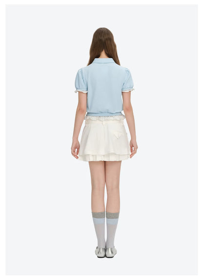 Smocked Puff Sleeve Layered Polo Tee