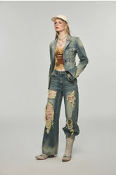 Denim Distressed Wide-Leg Pants - CHINASQUAD