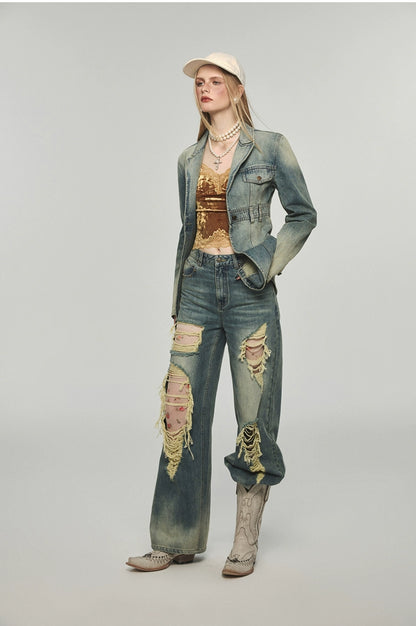 Denim Distressed Wide-Leg Pants - CHINASQUAD