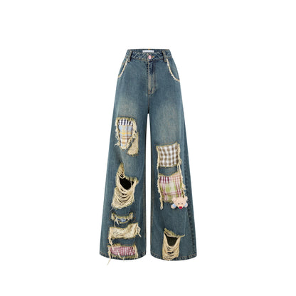 Distressed Plaid Straight-Leg Wide Jeans