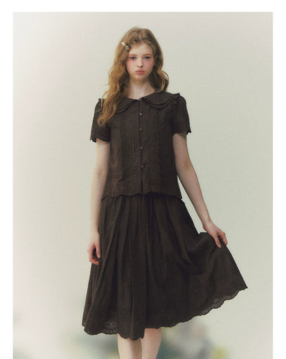 Peter Pan Collar Shirt &amp; Midi Skirt Set