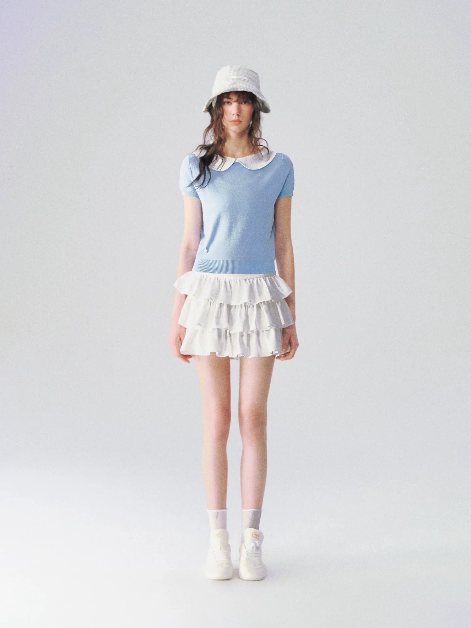 Peter Pan Collar Contrast Knit Short Sleeve Top