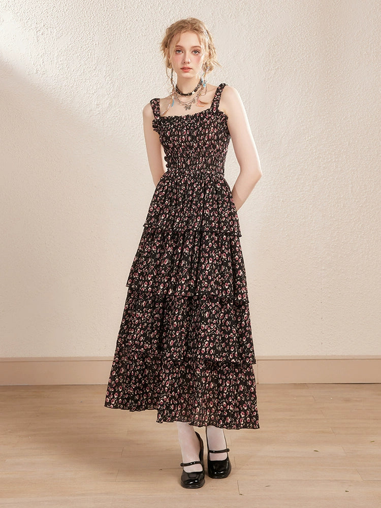 Black Floral Spaghetti Strap Dress