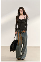 Gray Beaded Halter Bow-Knot Fitted Knit Blouse - CHINASQUAD