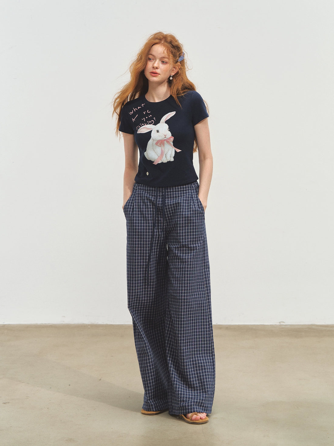 Double-layer Waistband Checkered Drawstring Pants