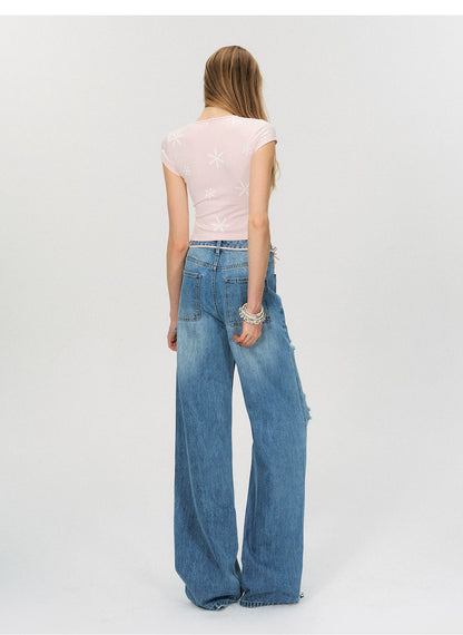 Vintage Contrast Floral Slim-Fit Cropped T-Shirt