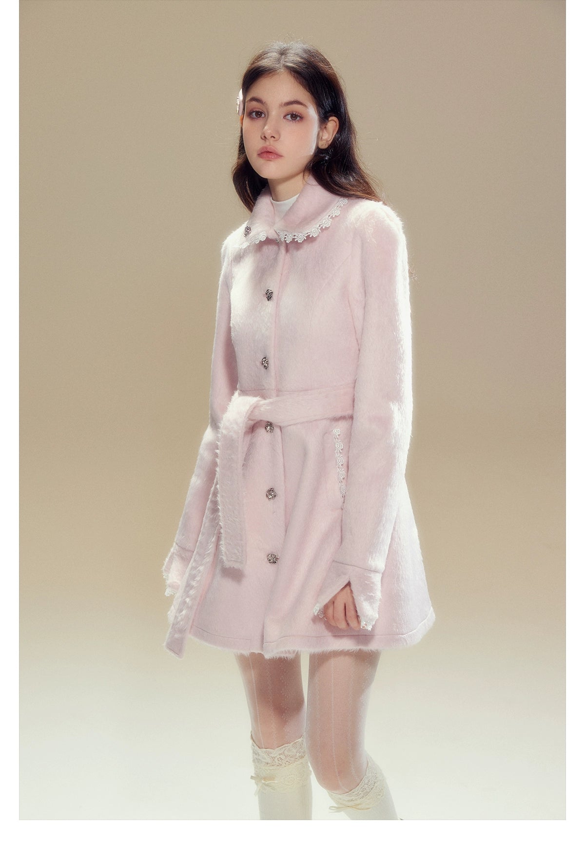 Pink Wool Lace Trim Waist Belted Coat - CHINASQUAD