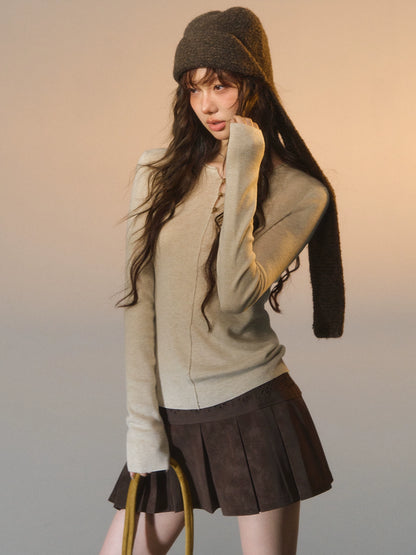 Striped Button-Up Knit Crewneck