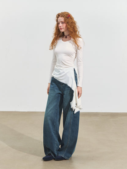 3D Seam Wide-Leg Crescent Denim Pants