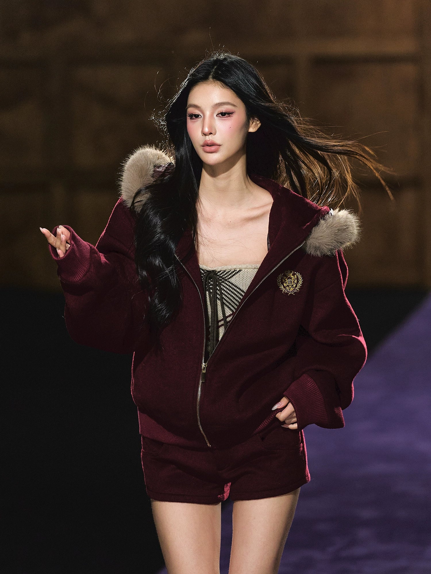 Wool-Blend Faux Fur Hooded Fleece Two-Piece Set