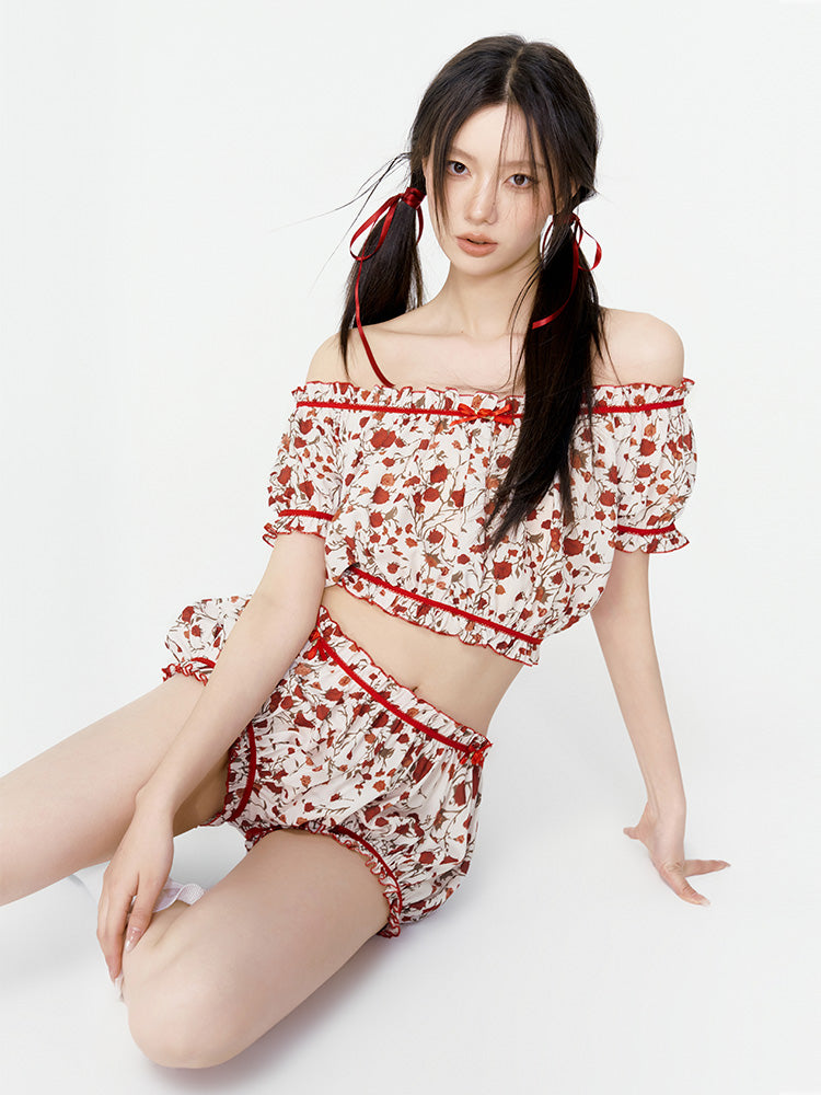Red &amp; Pink Floral Pajama two-piece Set - CHINASQUAD