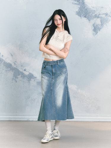 Denim Wave Hem Maxi Skirt - CHINASQUAD