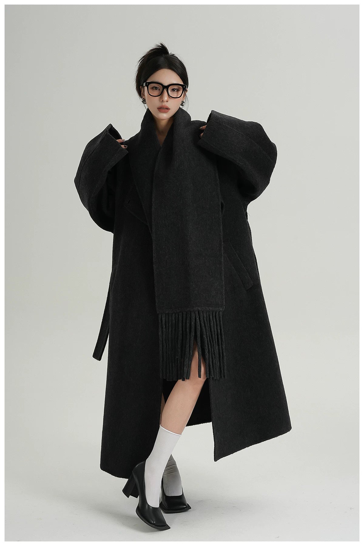 Fringe-Detail Wool Scarf-Style Long Coat