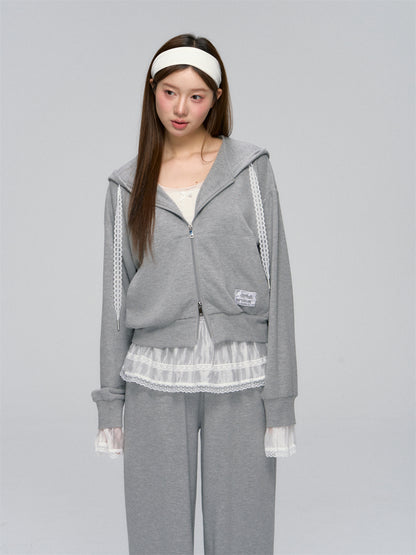 Gray Lace-Trimmed Casual Hoodie &amp; Pant Set