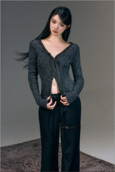 Black & Gray Ribbon Front Shimmer Wool V-neck Cardigan - CHINASQUAD