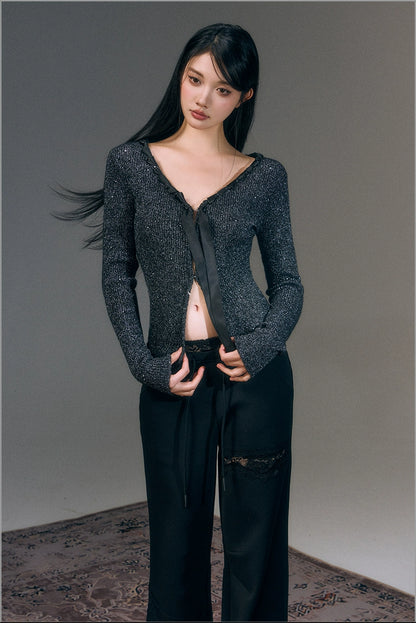 Black &amp; Gray Ribbon Front Shimmer Wool V-neck Cardigan - CHINASQUAD