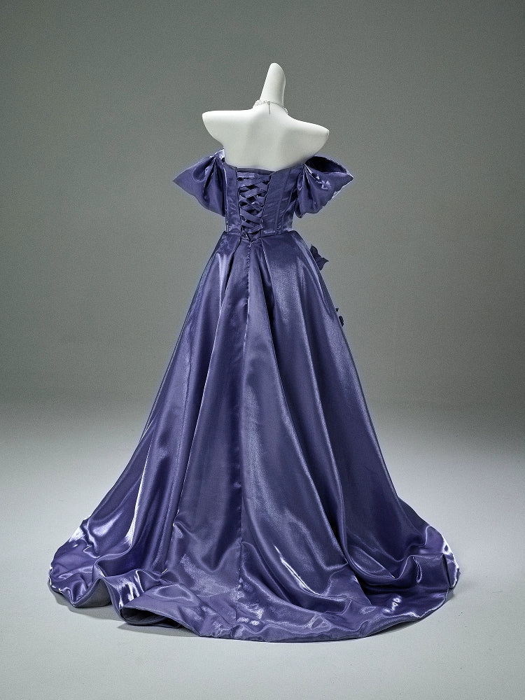 Elegant Purple Satin Floral Couture Gown