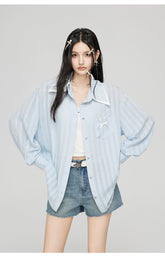 Blue Bow Decor Contrast Collar Shirt - CHINASQUAD