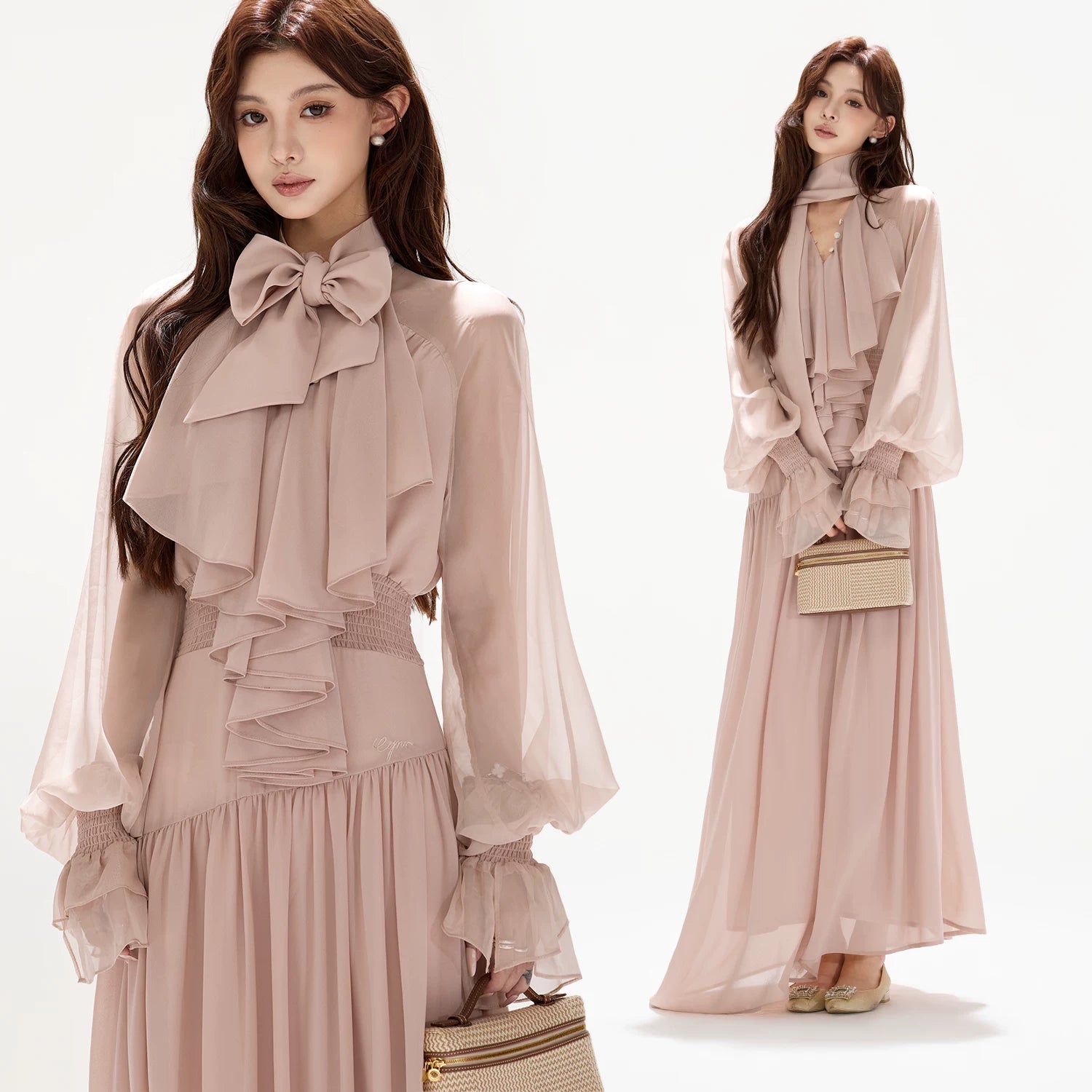 V-Neck Lantern Sleeve Maxi Dress