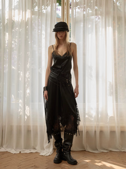 Lace Patchwork Plaid V-Neck Slip Dress