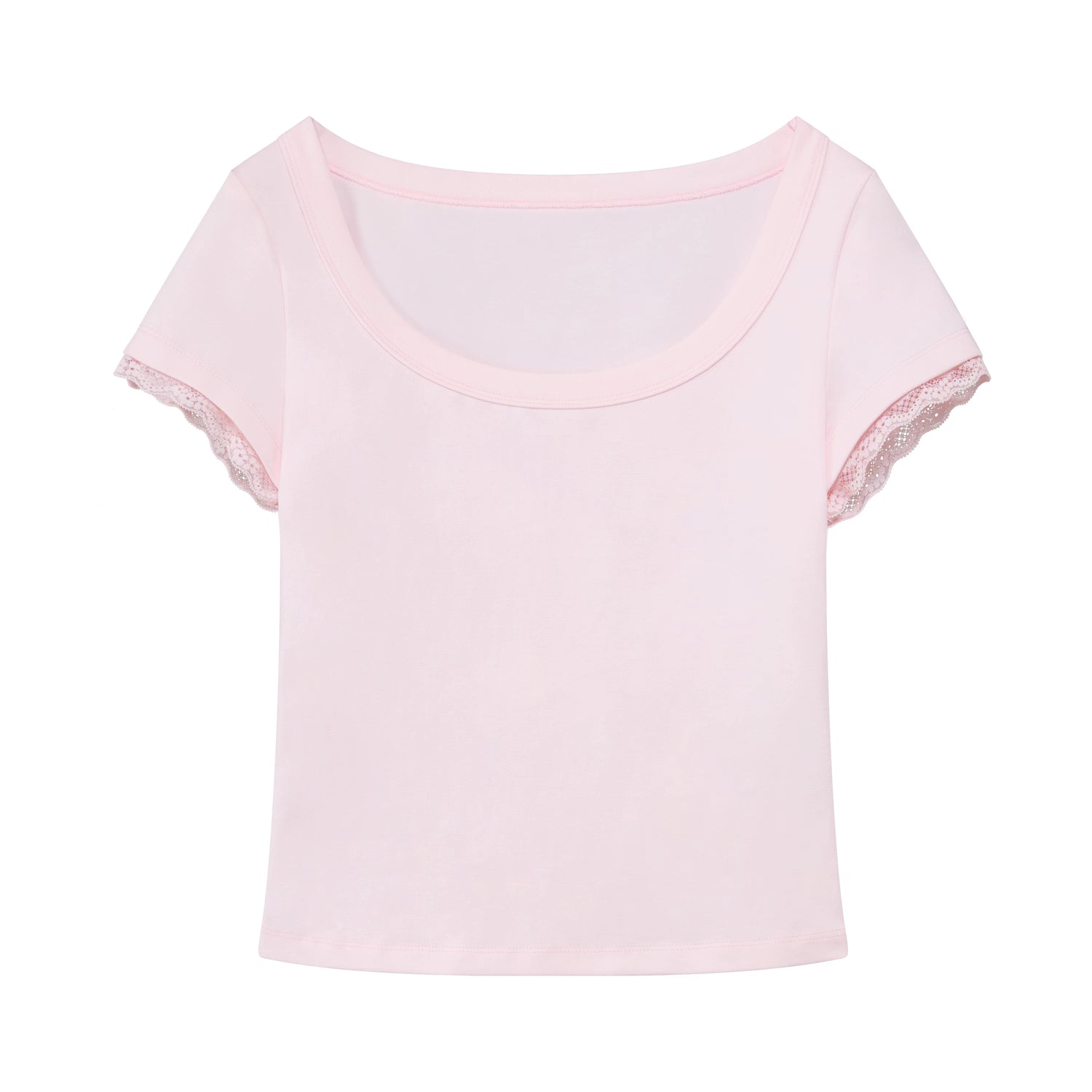 Lace Trim Scoop Neck Fitted Cotton T-Shirt