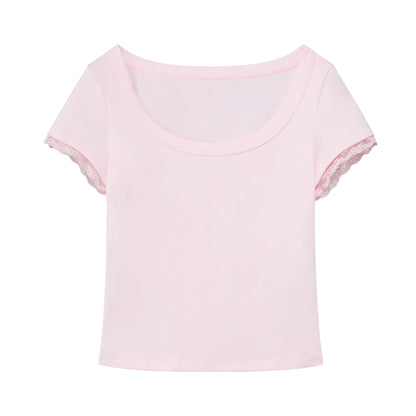 Lace Trim Scoop Neck Fitted Cotton T-Shirt