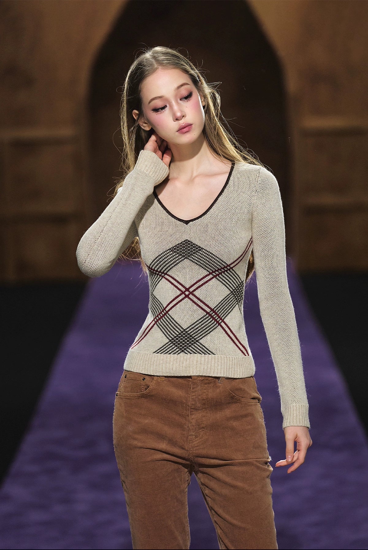 Vintage Check Contrast Slim-Fit Knit Crewneck