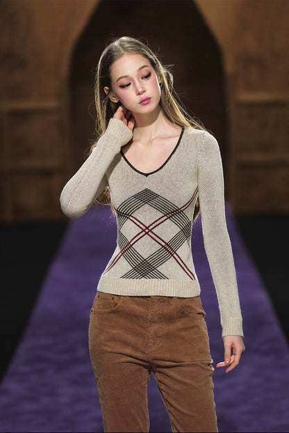 Vintage Check Contrast Slim-Fit Knit Crewneck