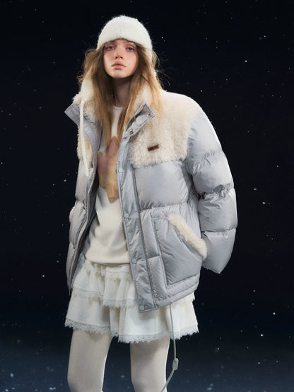 Shearling-Panel Stand-Collar Down Jacket