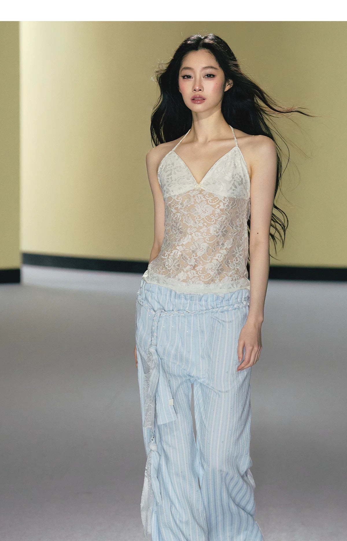 Hand-Braided Drawstring Striped Wide-Leg Trousers