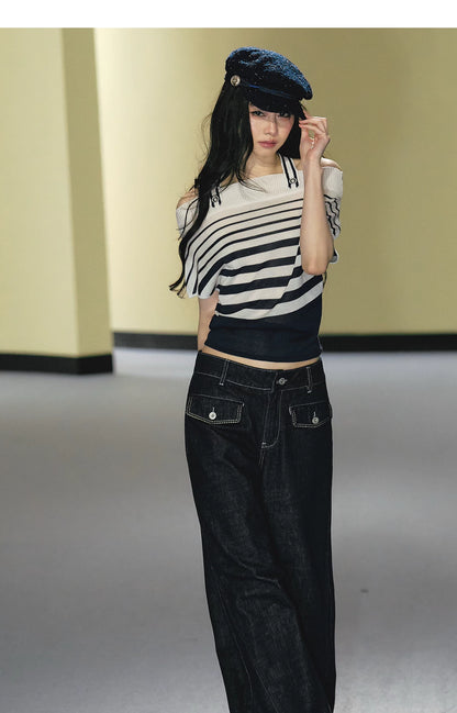 Nautical Stripe Off-Shoulder Halterneck Top