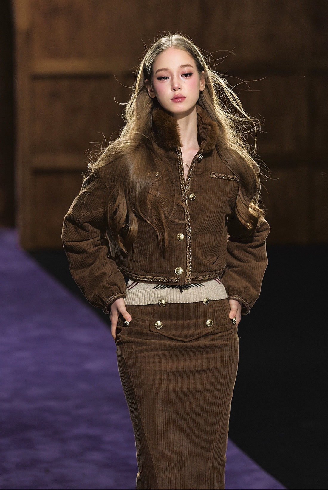 Corduroy Fur-Collar Jacket &amp; Skirt Set