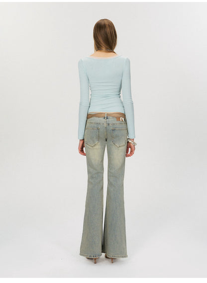 Twist-Front Mesh Panel Slim Fit Long Sleeve Top