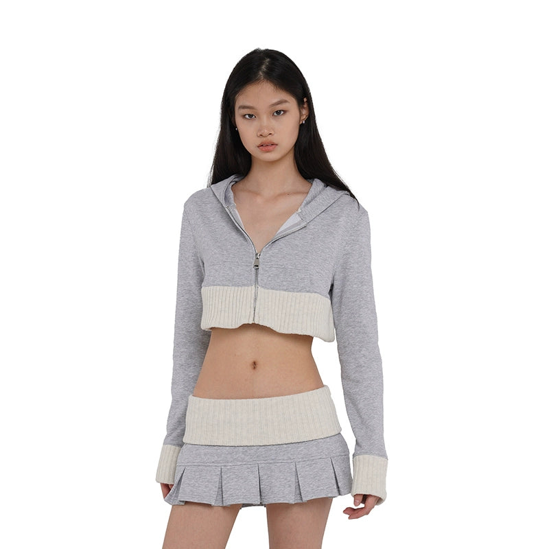 Gray Patchwork Cropped Hoodie