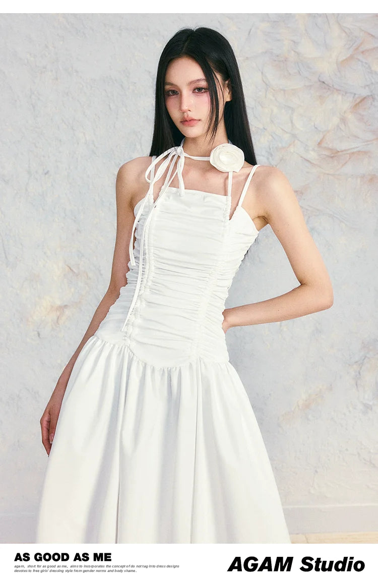 (Final Sale) White Ruched Halter Neck Midi Dress - CHINASQUAD