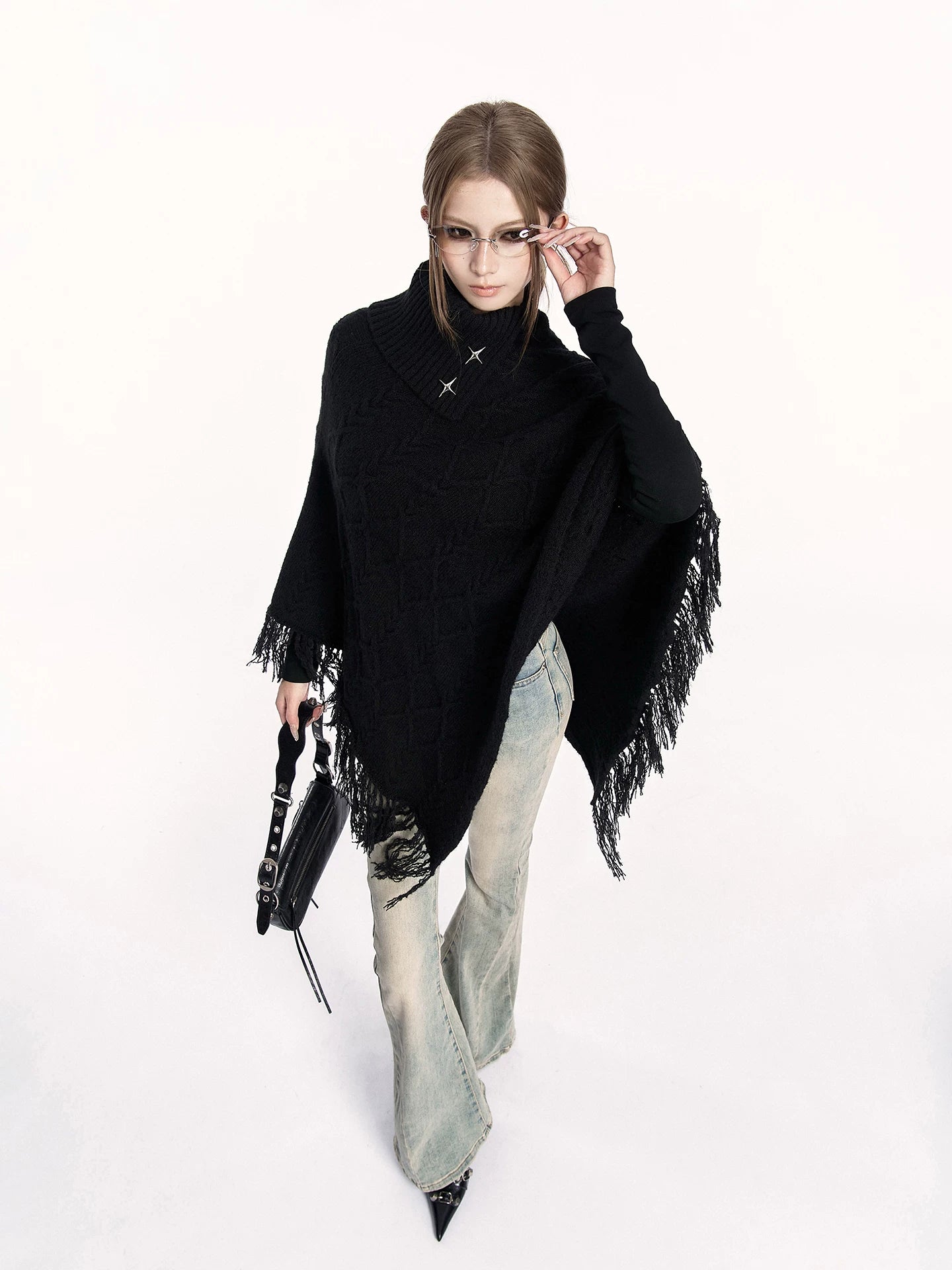 Asymmetric Knit Cape Turtleneck Sweater