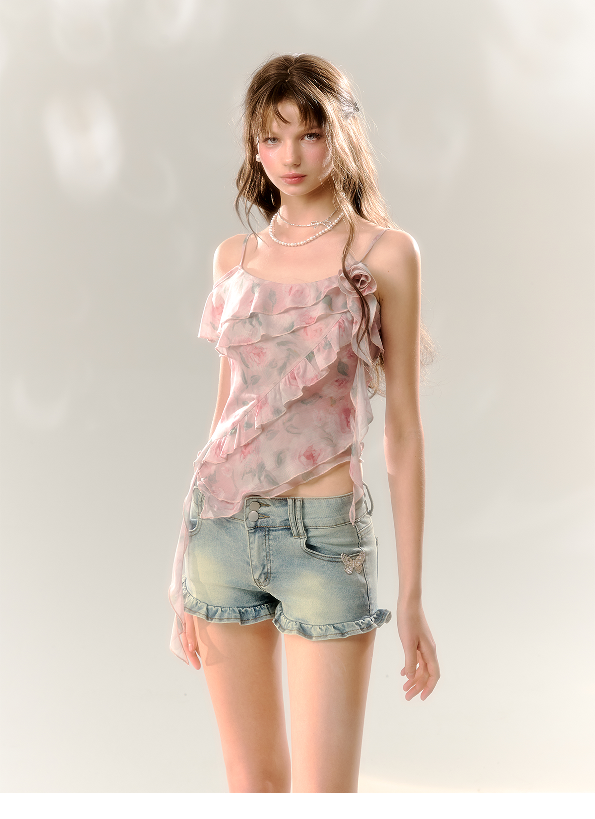 Pink Rose Print T-shirt with Ruffle Trim