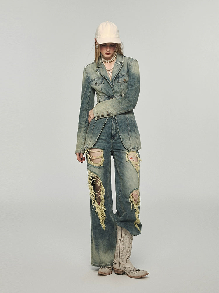 Denim Distressed Wide-Leg Pants - CHINASQUAD