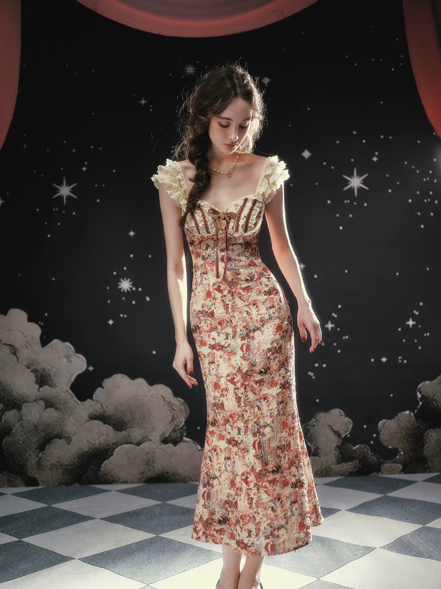 Vintage Lace-Patchwork Floral Mermaid Dress