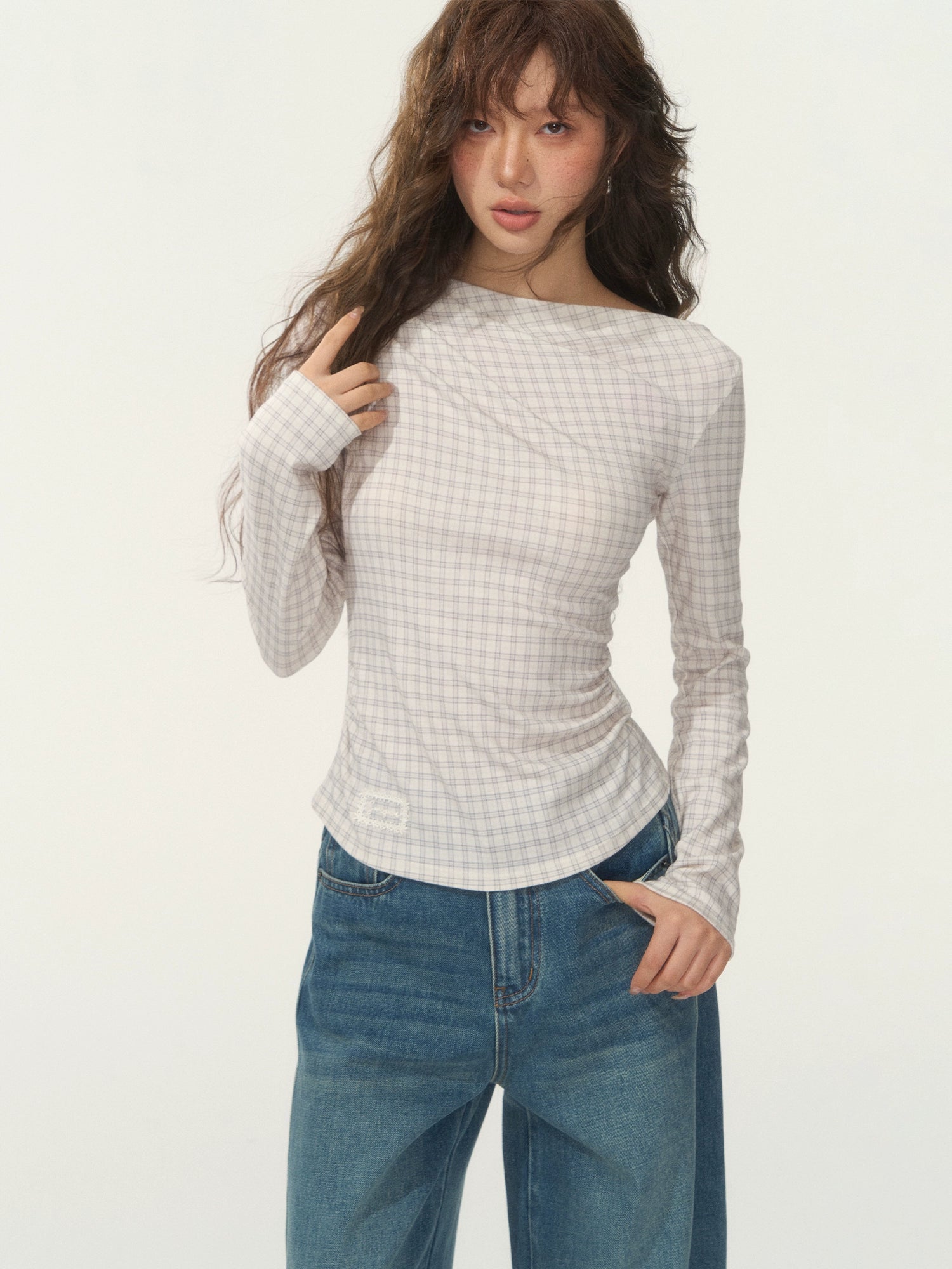 Velvet-Touch Plaid Draped Off-Shoulder Long Sleeve T-Shirts