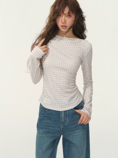 Velvet-Touch Plaid Draped Off-Shoulder Long Sleeve T-Shirts