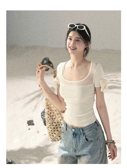 Square Neck Cut-Out Slim Fit Knit Top