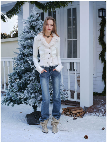 Knit Panel Faux Fur Cardigan Jacket